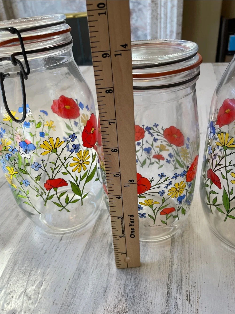 Vintage Floral Canister Jars with Red Poppy Design R Carman Arc France Set of 3
